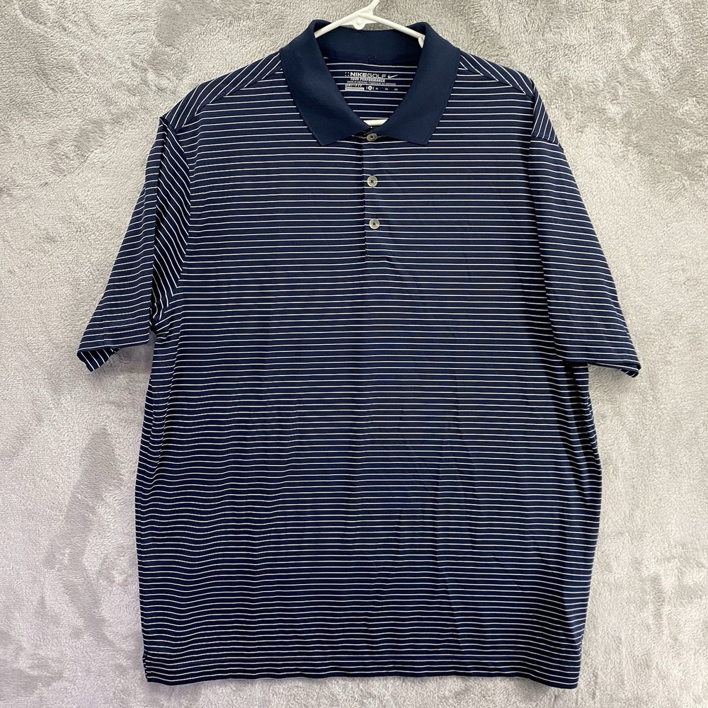 Nike Golf Dri-FIT Dark Blue White Striped Polo Men's XL Short Sleeve